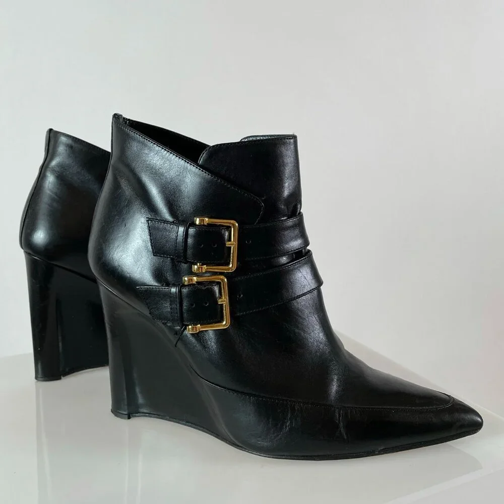 Minimalist | Derek Lam Black Leather Ankle Boot Wedge | Pointy Toe | Gold Buckle